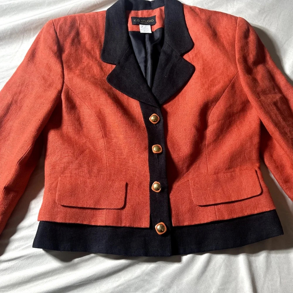 K.G Studio Orange with Black Trim Linen Blazer Jacket size 8    F1